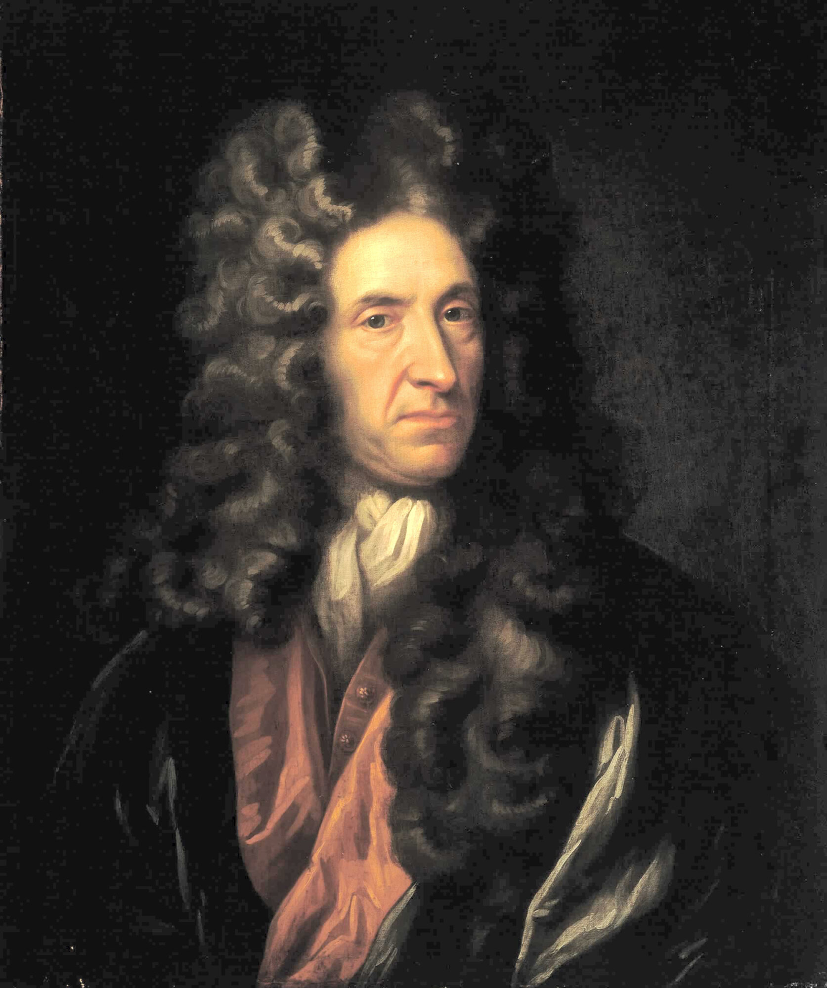 Robinson-Library. Porträt von Daniel Defoe. Oil on canvass. Dark background. In the centre, brighter: Daniel Defoe with long wig, bright face, white cravat, red shirt and black gown. National Maritime Museum, London.