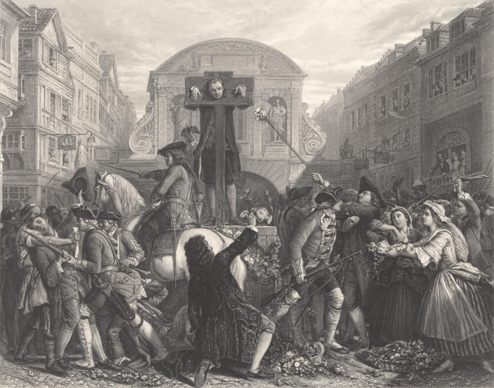 Robinson-Library. Engraving. In the centre: Daniel Defoe in the pillory, without wig. Surrounded by outraged burghers and admirers, as well as armed soldiers who are keeping back the crowd. In the background: buildings in early modern and classicistic architectural style.