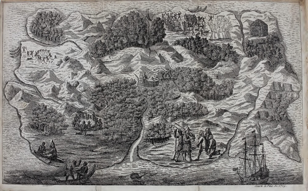 Robinson-Library. The pictoral map of Robinson's island is engraved and depicts scenes from different stages of Robinson’s second sojourn on the island.