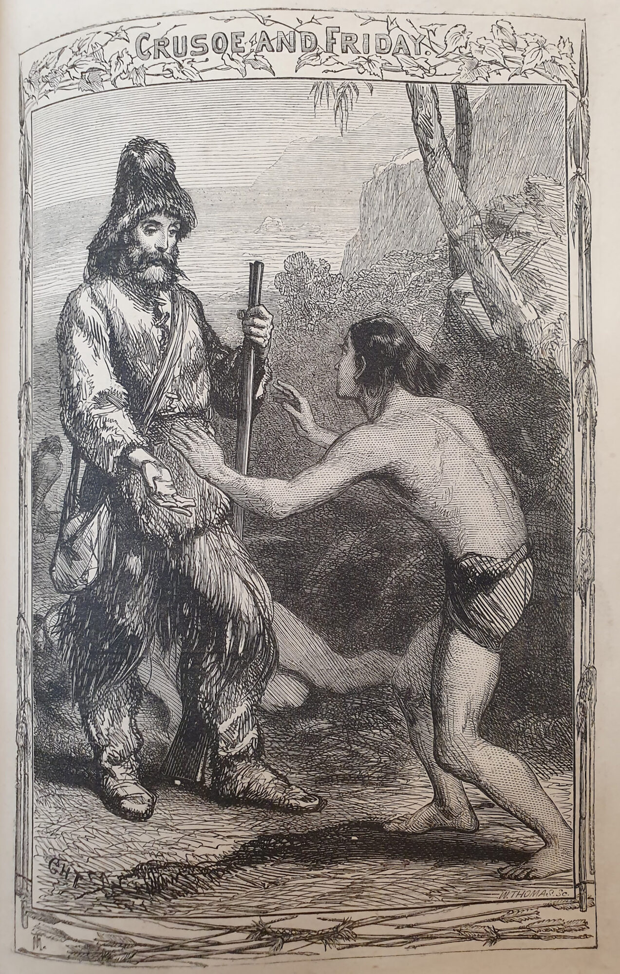 Robinson-Library. The engraving shows Crusoe in furs on the left, and Friday on the right, who is barely dressed and in a subservient position.