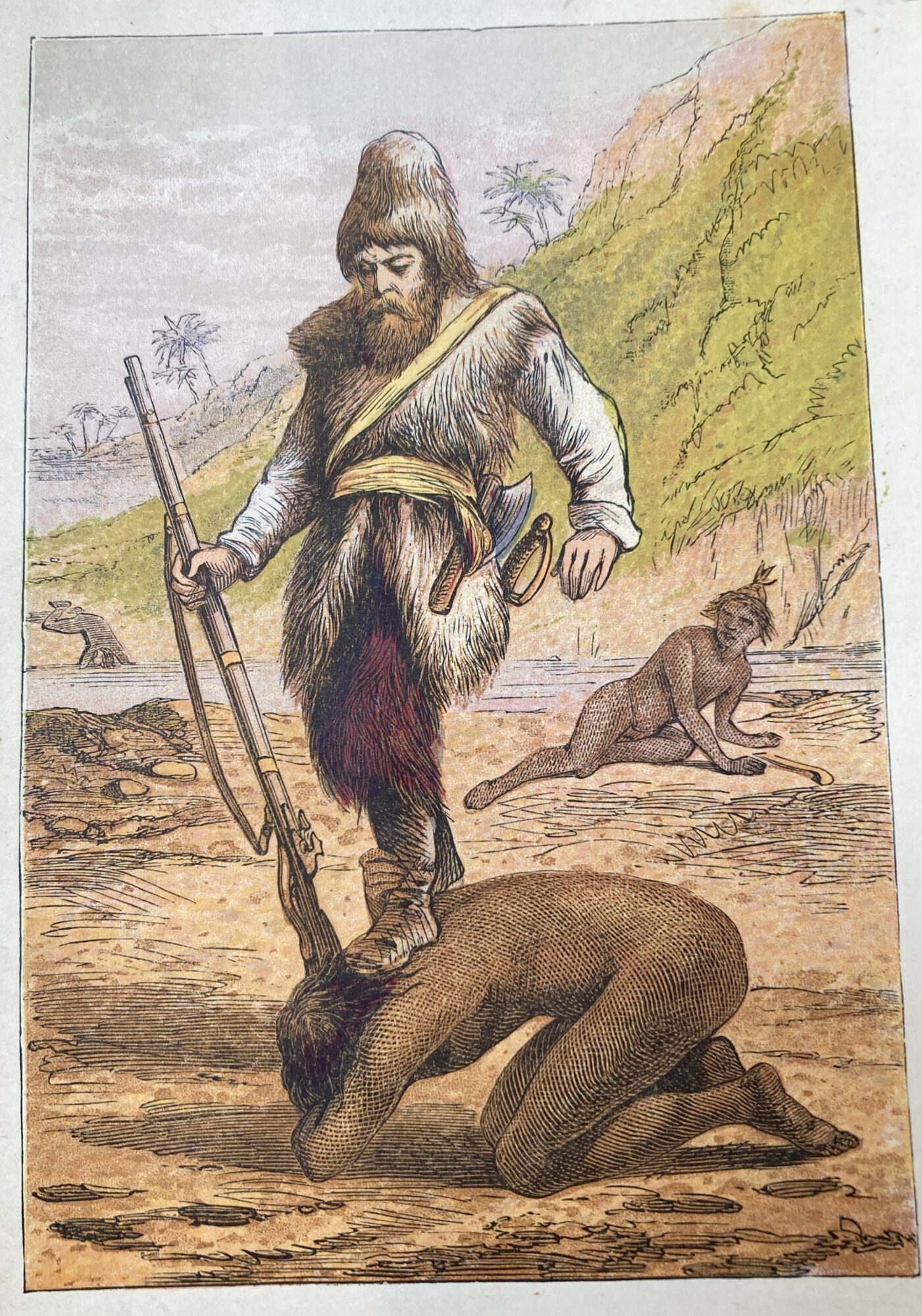 Robinson-Library. Friday is cowering in front of Crusoe, who wears furs and is carrying a musket, while his foot is placed on the nape of Friday’s neck. 