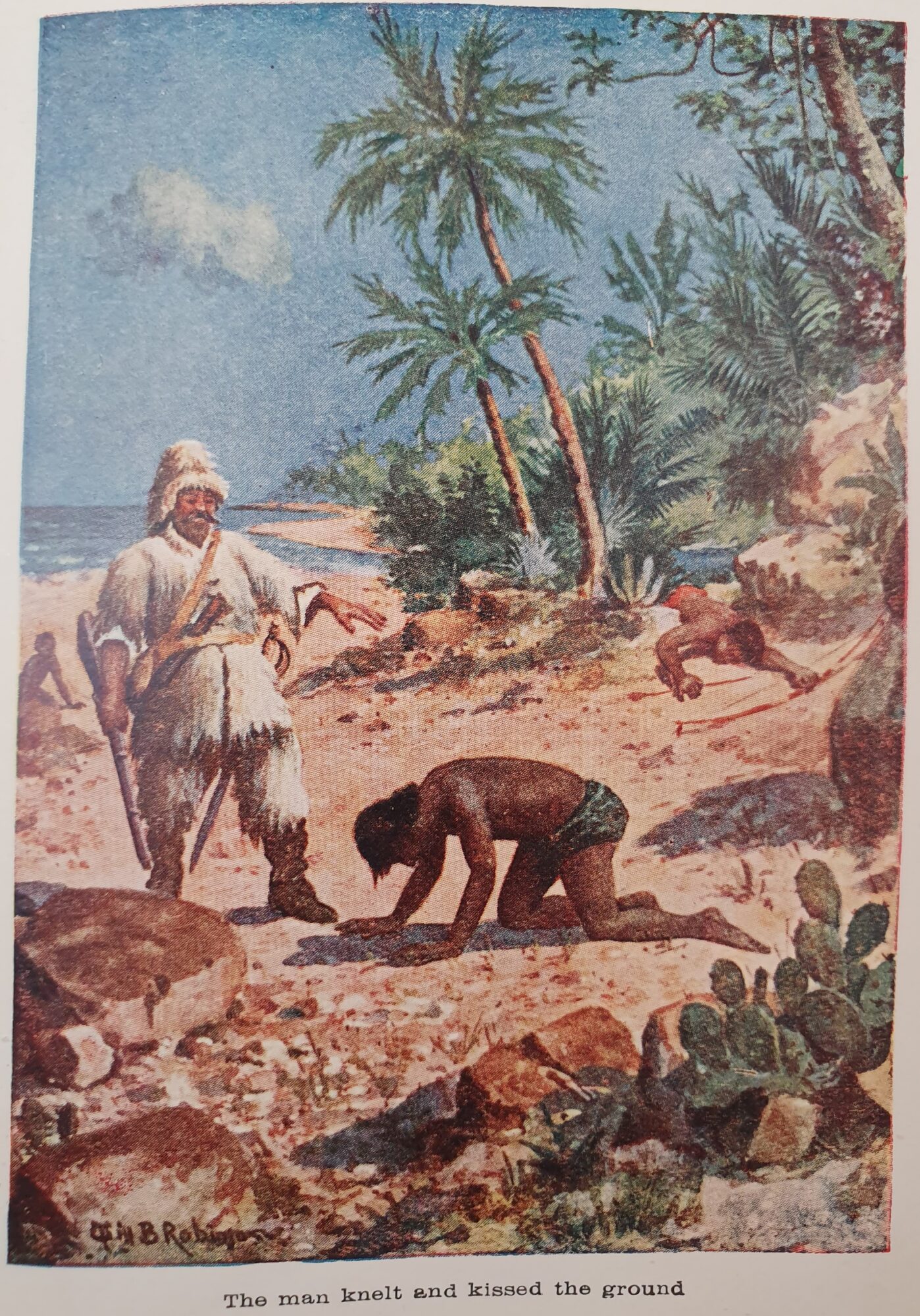 Robinson-Library. Friday prostrates himself before an armed and fur-clad Crusoe on the beach.