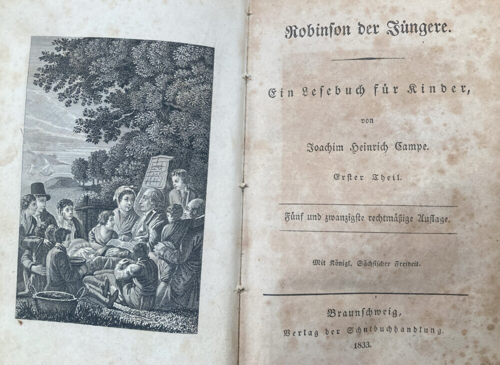 Robinson-Library. Frontispiece and title page of Joachim Heinrich Campe‘s Robinson the Younger.