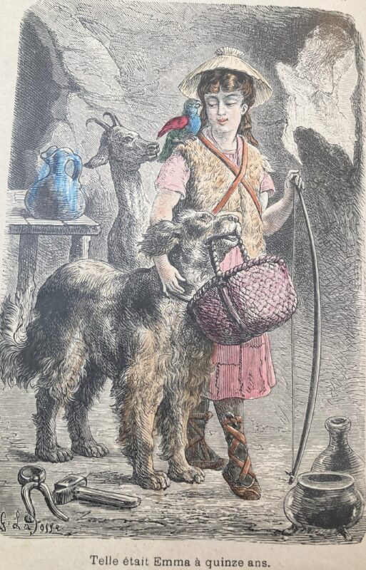 Robinson-Library. Illustration of a girl clothed in furs, standing next ot a dog and a goat.