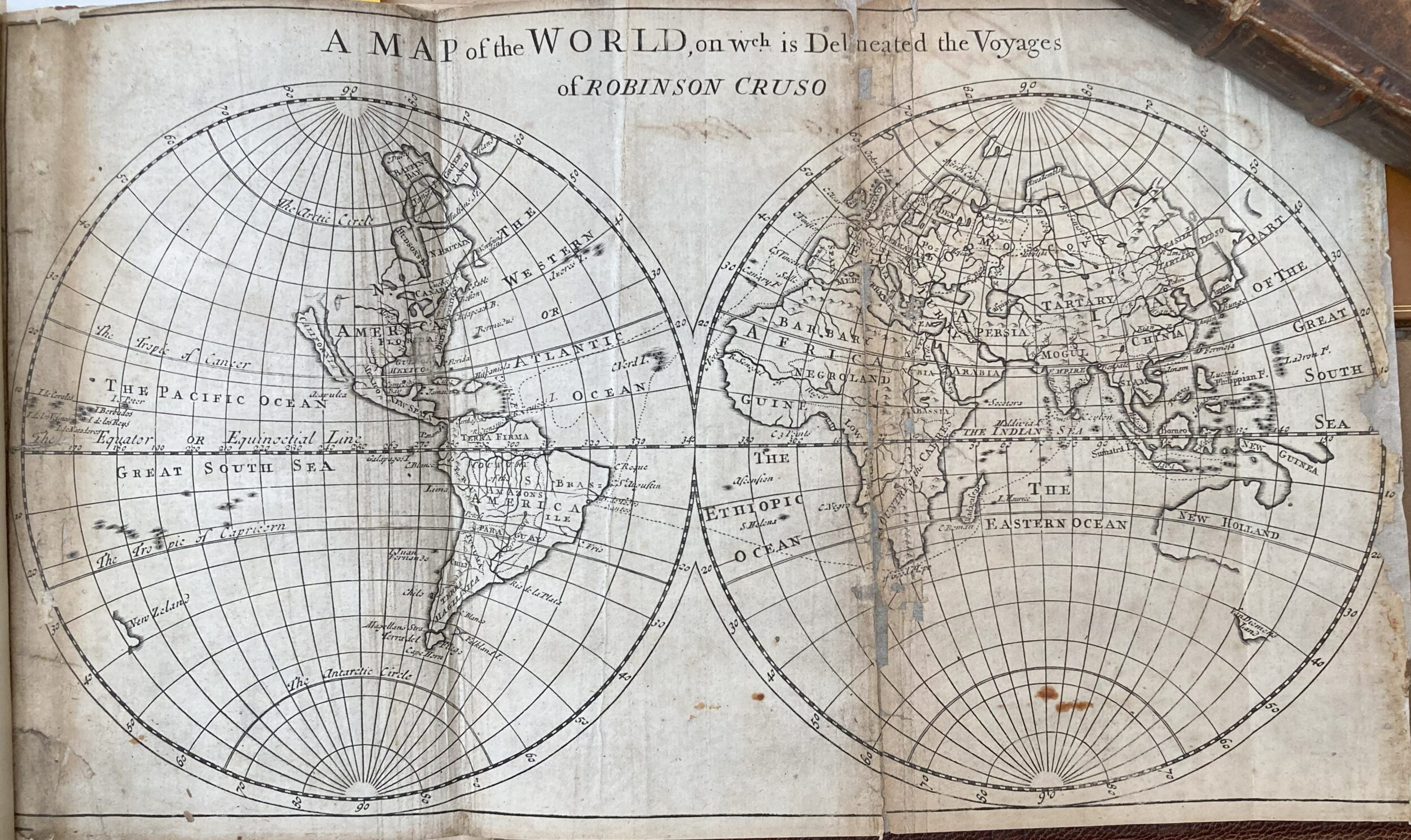 World map of Crusoe’s journeys around the globe. Left: the globe’s western hemisphere in a circle, showing North and South America. Right: the globe’s eastern hemisphere in a circle, showing Europe, Africa, Asia, Australia. Oceania.