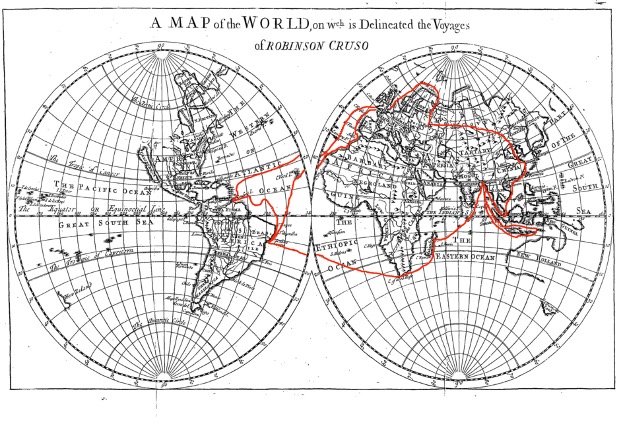 World map in which Crusoe’s journeys around the globe are indicated with red dots.