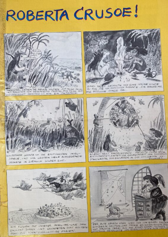 The comic shows six black and white scenes, in which Roberta Crusoe is stranded, meets her female lover Friday, and then leaves together with her.