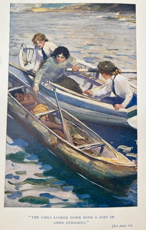 Robinson-Library. Three young women in a boat are next to a younger, brown-skinned girl, who lies unconscious in another boat.