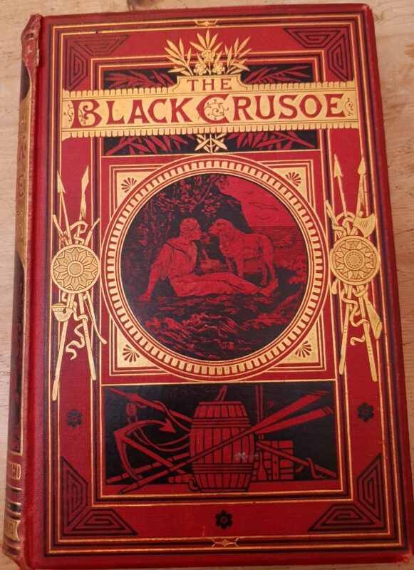 Cover of Le Crusoe Noir (1877), overwhelmingly red with gold and  black elements.