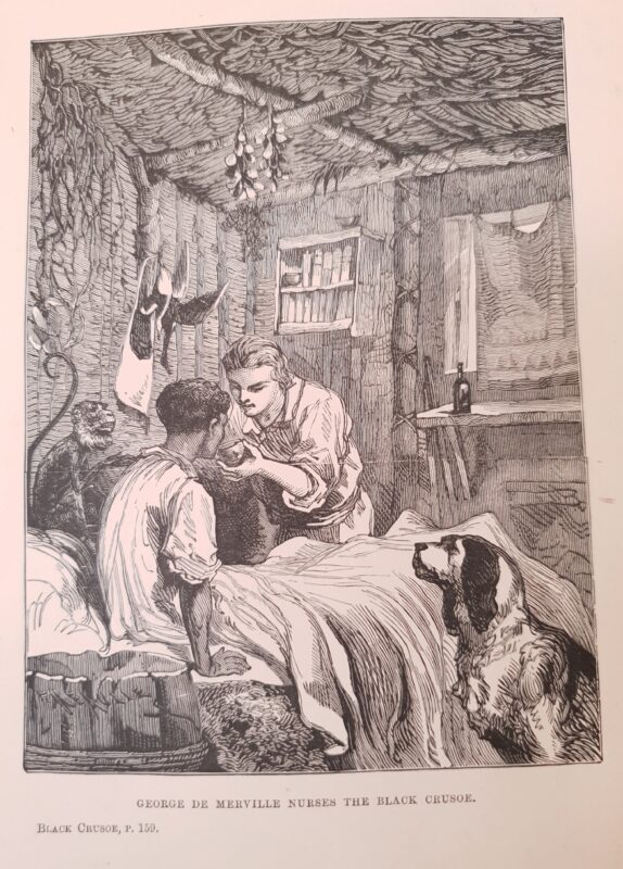 George de Merville nurses the Black Crusoe Charlot in a small hut, with a dog and a monkey sitting next to them.