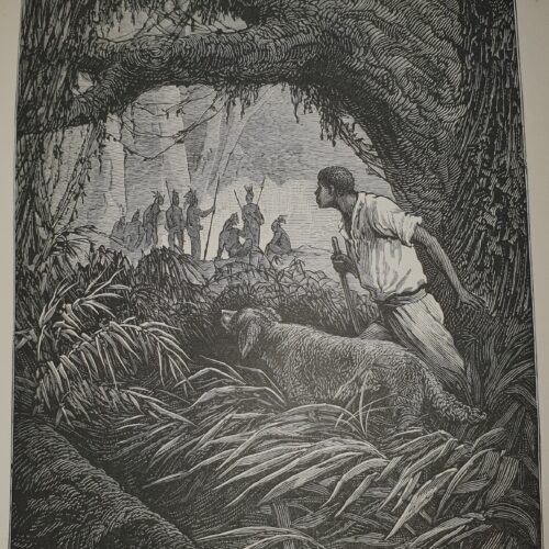 Charlot in in the jungle with his dog, while the background shows a clearing where the almost naked and armed “savages” are standing.