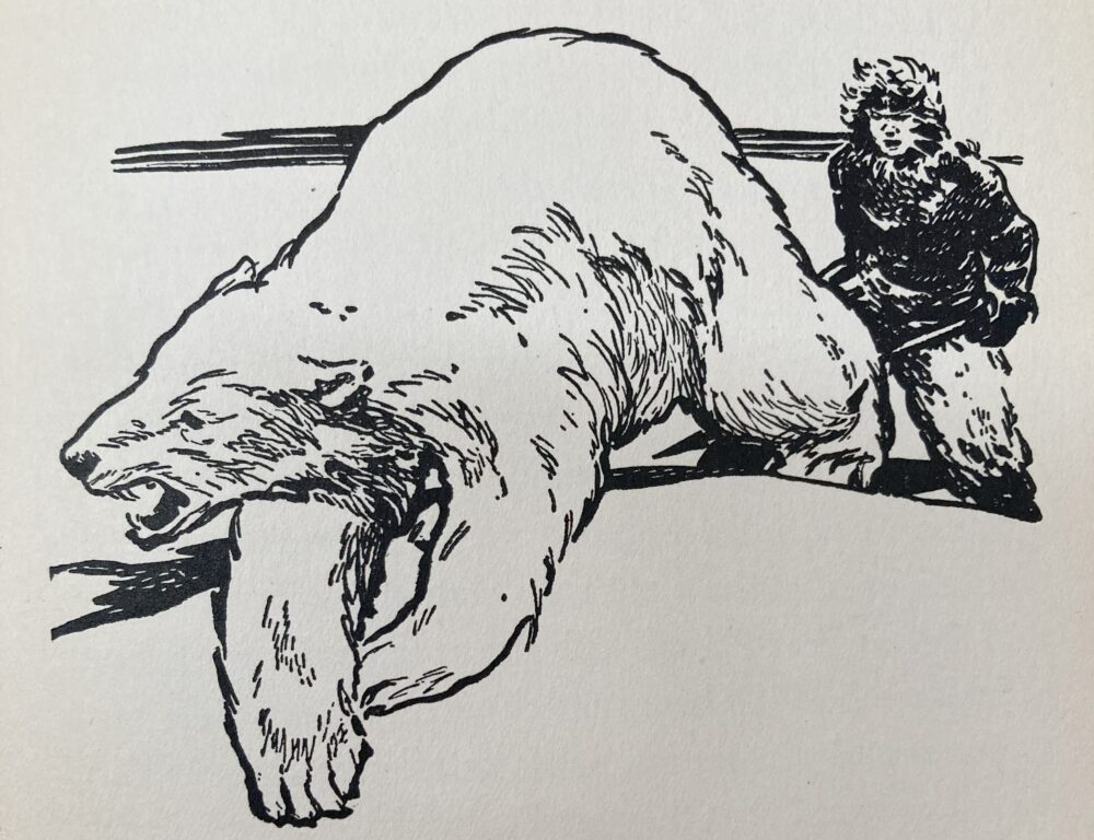 Black and white sketch showing a polar bear in the foreground and a man in arctic weather clothing in the background.