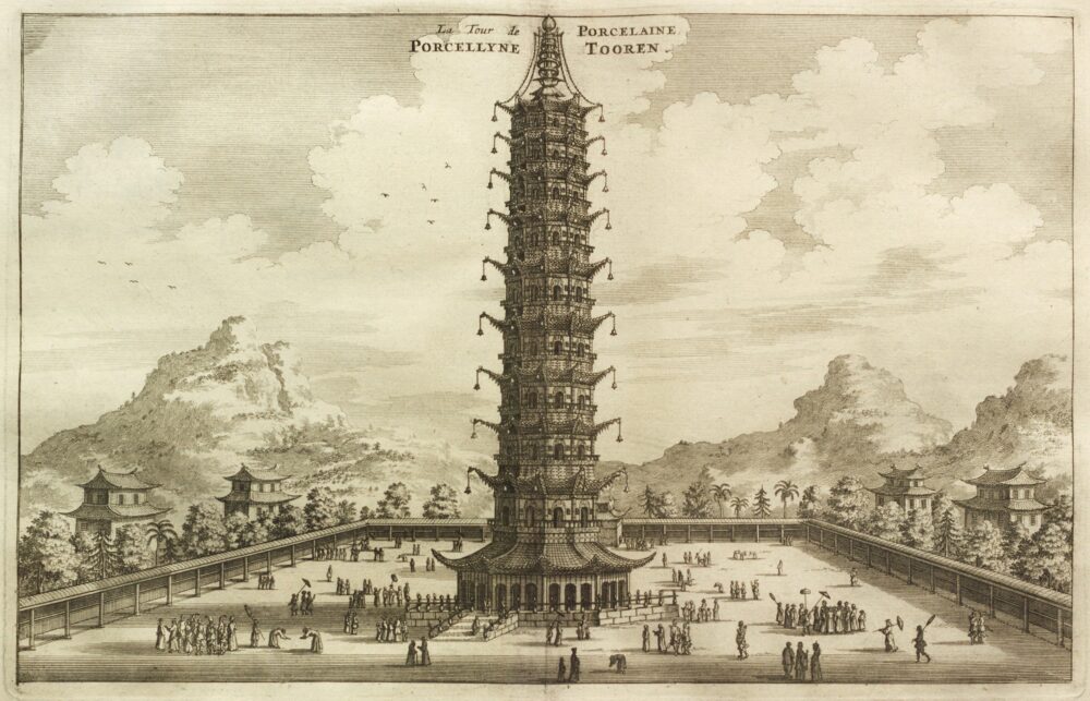 Robinson-Library. The image shows an engraving of a Chinese porcelain tower from the seventeenth-century. The pagoda is roughly 30 to 40 times as tall as the people in the image.