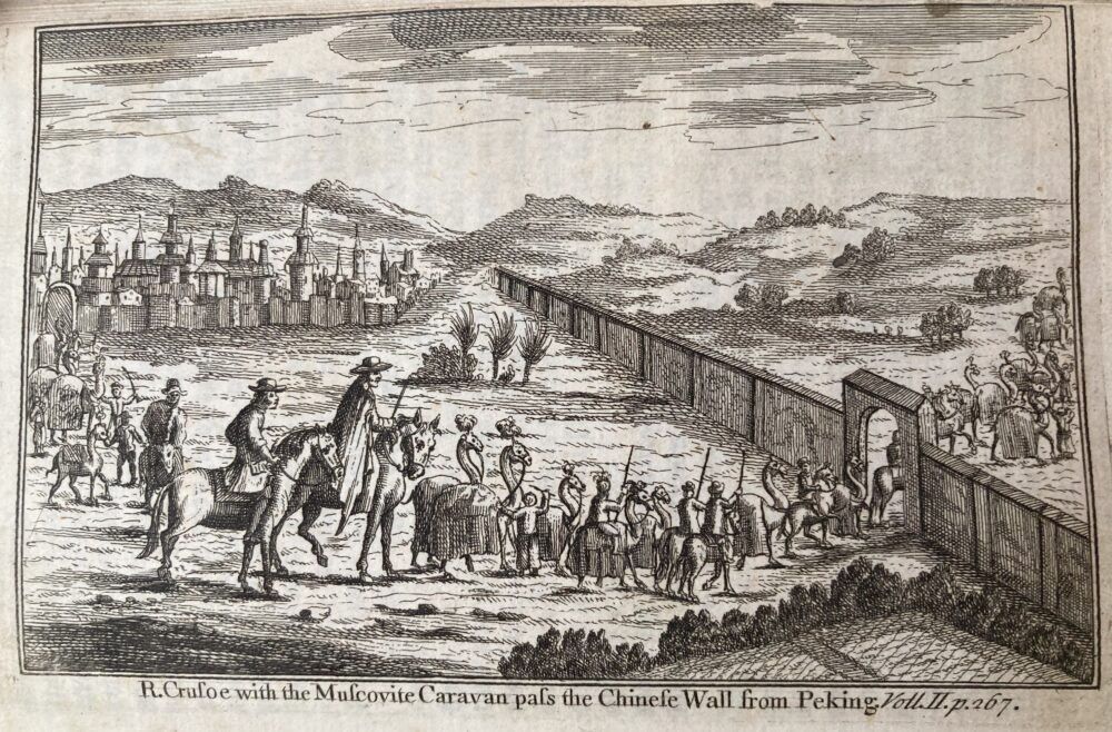 Robinson-Library. Great Wall of China on the right of the image, while a caravan is passing it at a gate.