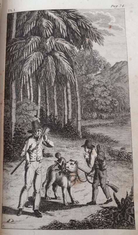 Engraving. In the centre: two men with muskets. Next to them: a monkey riding a dog.