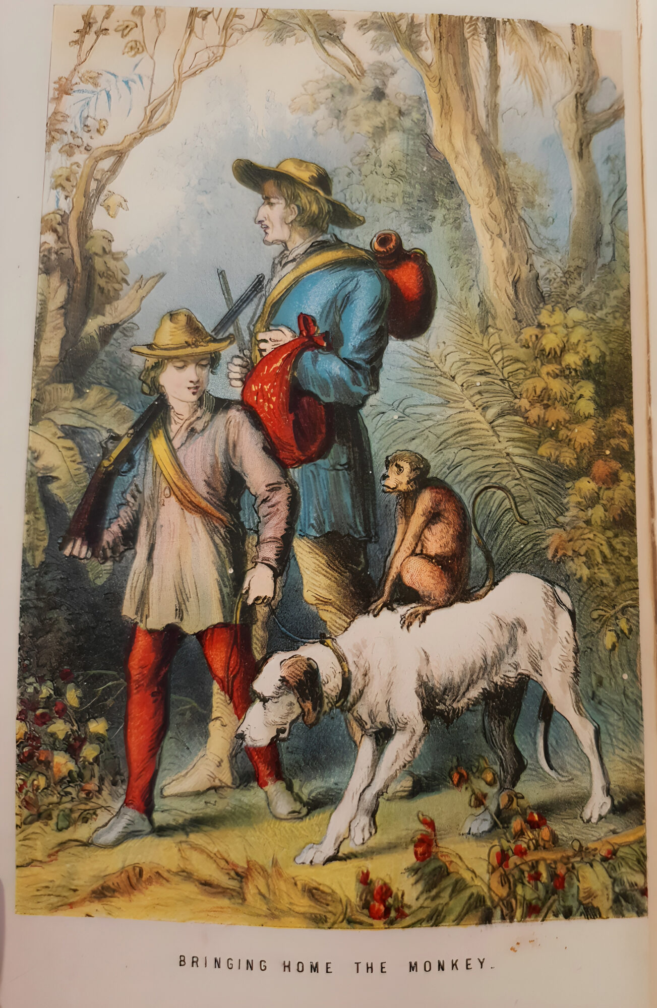 Engraving, colourised. A man and a boy with muskets walk next to a dog, on the back of which a monkey rides.