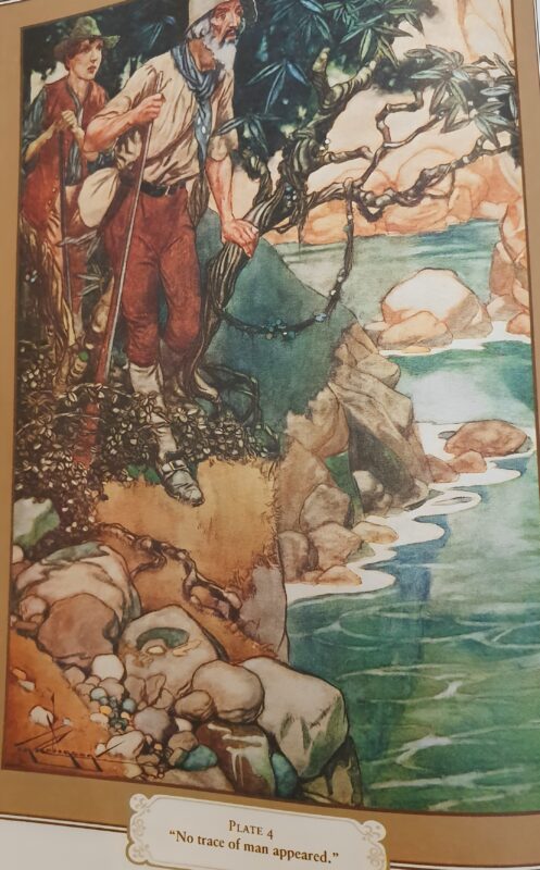 Coloured print. A man and a boy stand next to a small river.