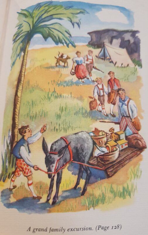 Coloured print, showing a procession of people, led by a boy next to a donkey that is pulling a wooden plan, followed by a man with a musket, then two boys, in the back a woman and a man, finally a dog and a monkey.