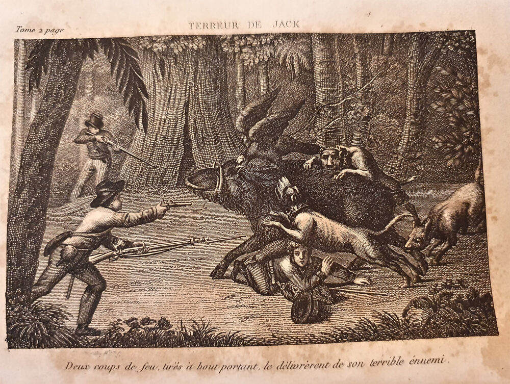 Hunting scene, in the centre a boar standing over a lying man, while simultaneously being bitten by three hounds and a bird. On the left there are two hunters with muskets and pistols.