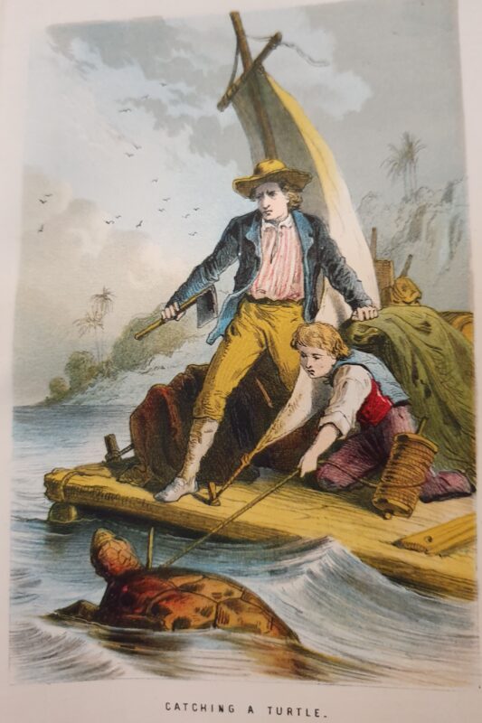 Image shows two men on a boat as they try to catch or hunt a turtle.