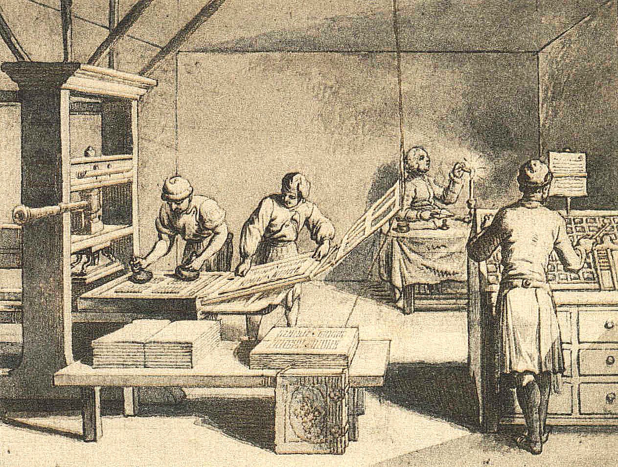 Engraving shows an early modern printing workshop.