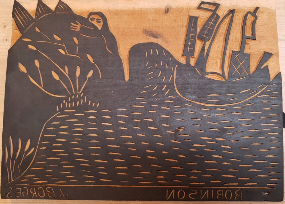 Woodcut negative from Borges‘ series, with ink-coloured raises in the wood.