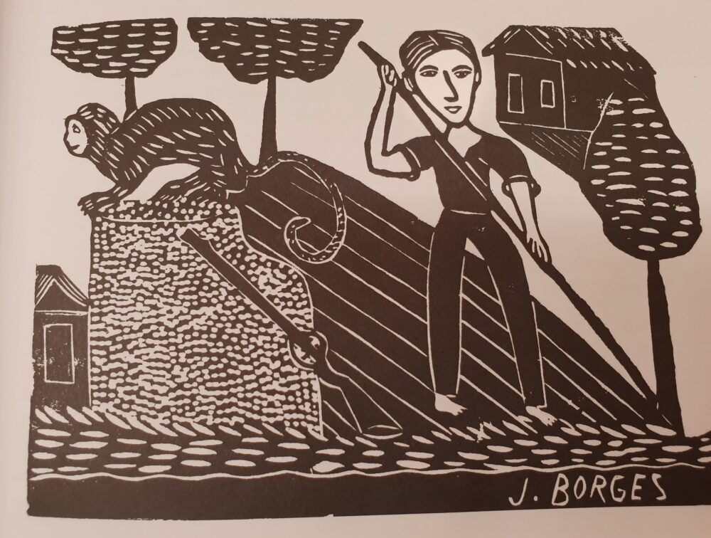 Woodcut, black on white. Image schematically shows: a field with trees, which is being tilled by a man, next to whom there is a monkey and a musket.