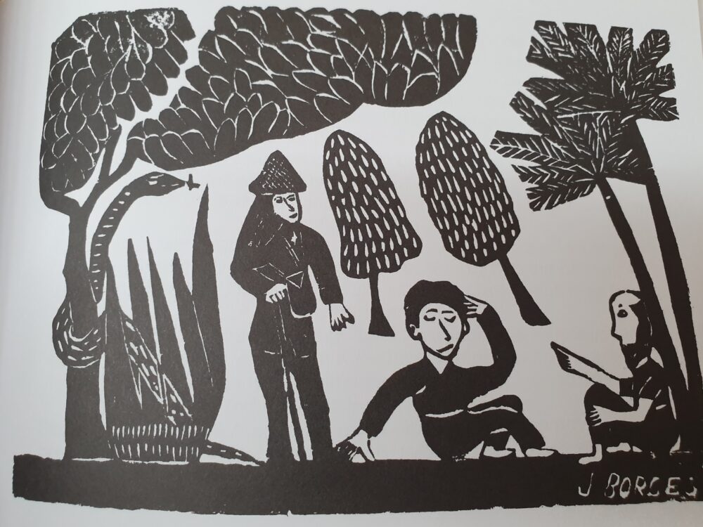 Woodcut, black on white. Image schematically shows: on the left a tree, around which a snake is wound, in the centre a man with a hat, carrying a stick (Robinson?), on the right two men inn conversation, in the background trees.