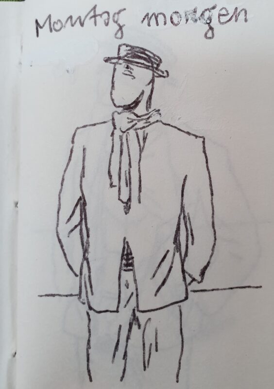 Black and white sketch, showing a man with a hat, suit, and scarf.