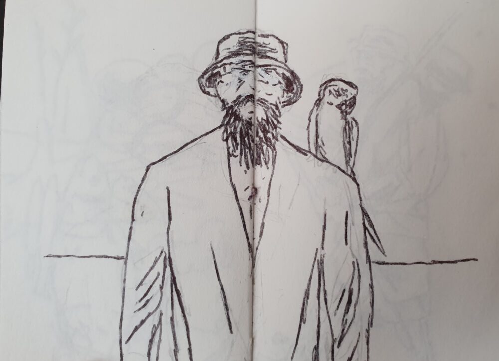 Black and white sketch, showing a man with a straw hat, beard, and a parrot.