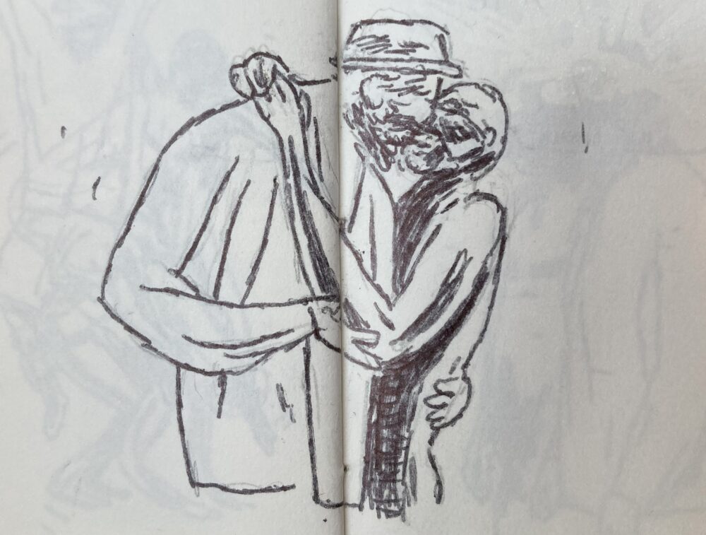 Black and white sketch, two men in an embrace.