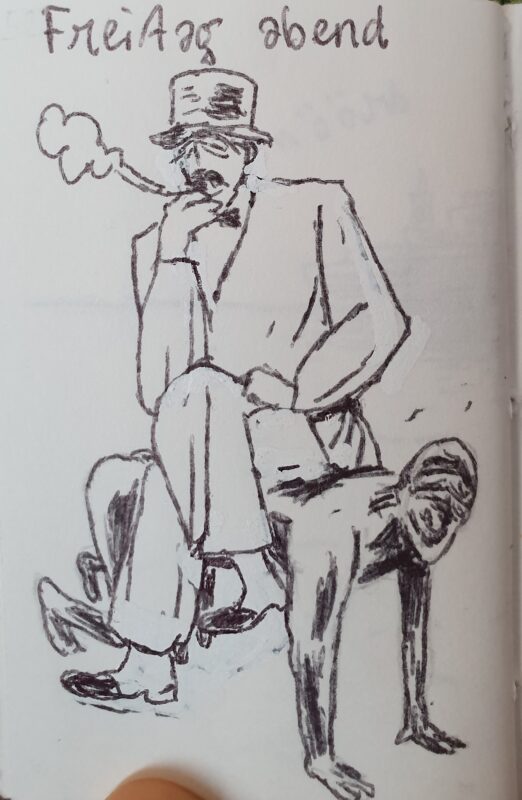 Black and white sketch, showing two people. Below is a man with black skin, who is on all fours. On him sits a smoking man with a top hap, a moustache, a suit with a bow tie and shoes.