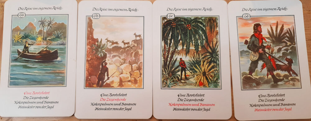 Front side of quartet cards depicting scenes from Robinson’s “Travels in His Realm” in the Robinson Quartet.