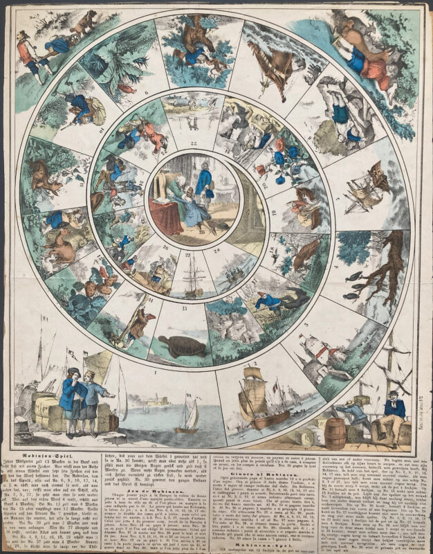 Nineteenth-century gameboard “Robinson-Spiel”, with squares depicting scenes from Robinson Crusoe.