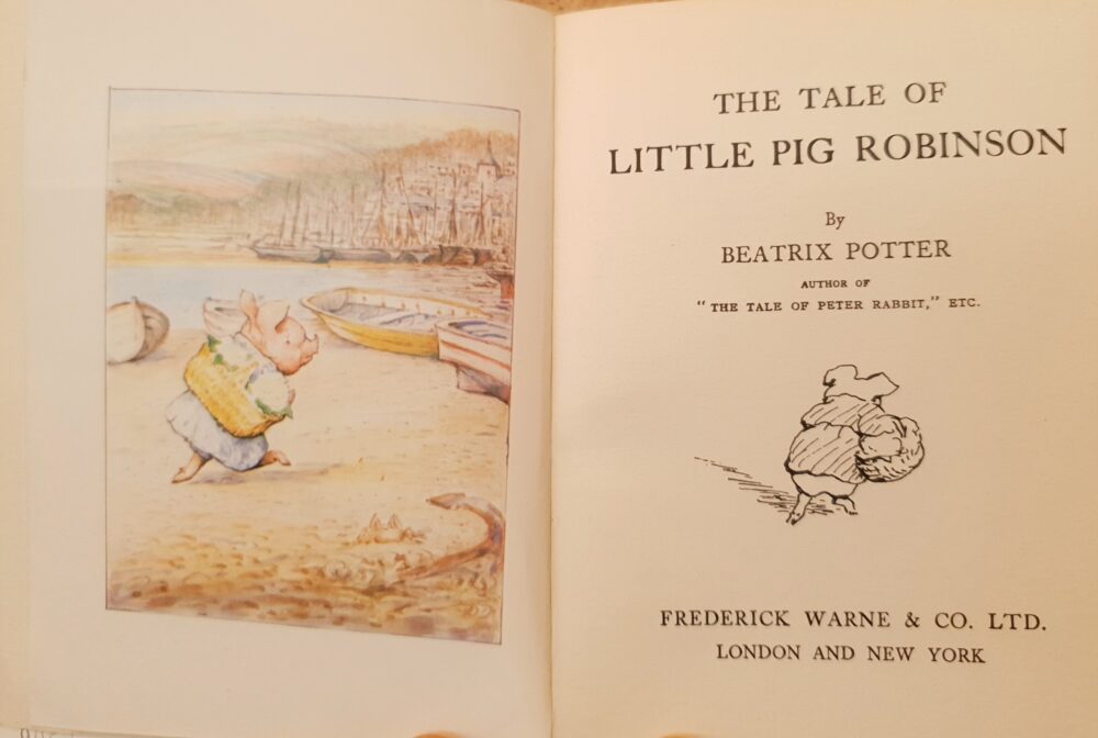 Frontispiece and title page to Beatrix Potter’s The Tale of Little Pig Robinson.