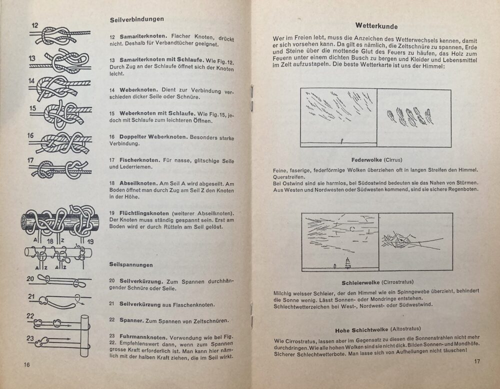 Double page from Als Robinson im Zelt (1955), giving instructions for tying knots.