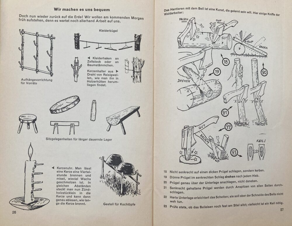 Double page from Als Robinson im Zelt (1955), giving instructions for the construction of objects of comfort.