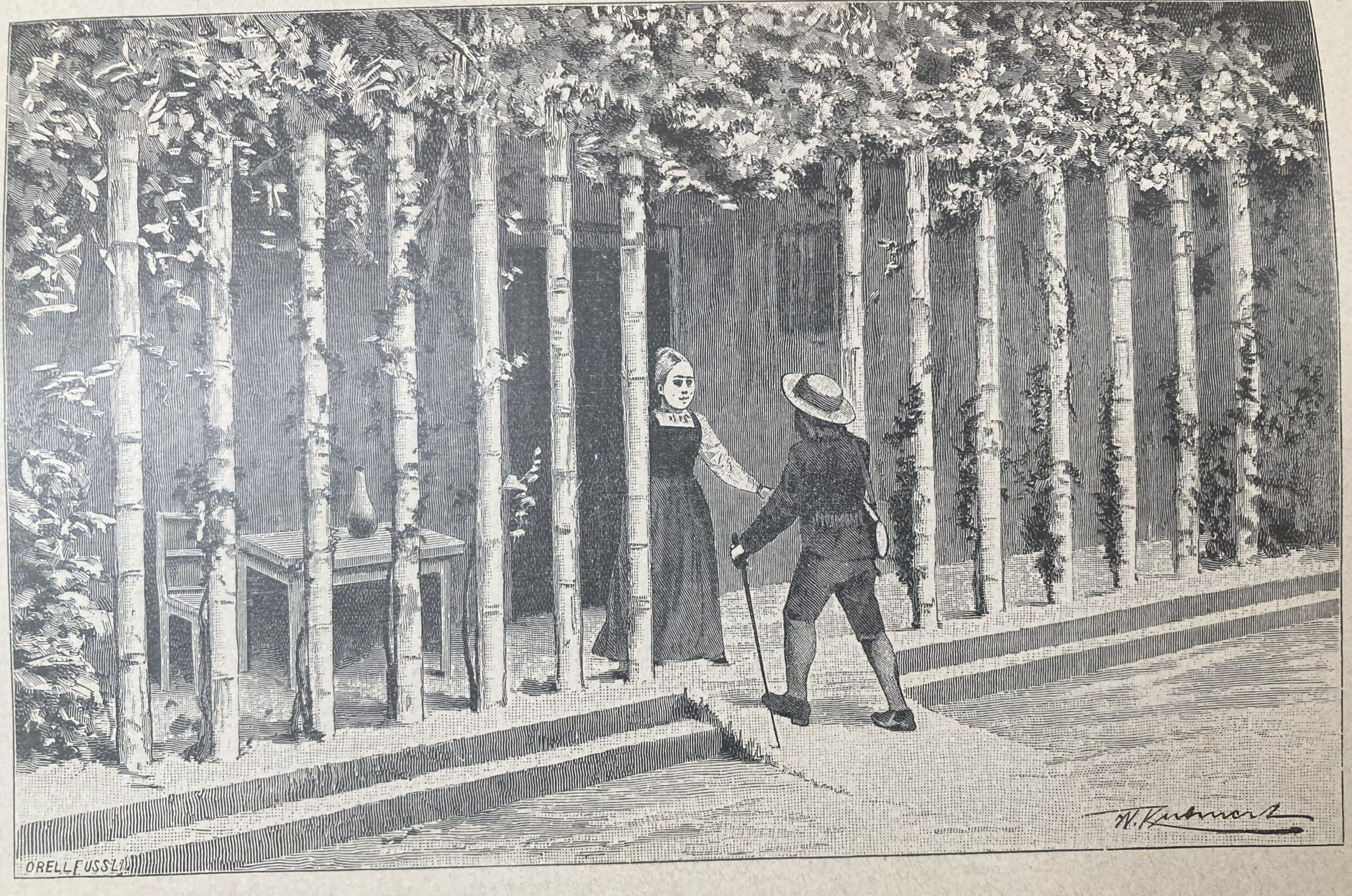 The image shows a veranda with trees serving as pillars; at the centre: a man and a woman.