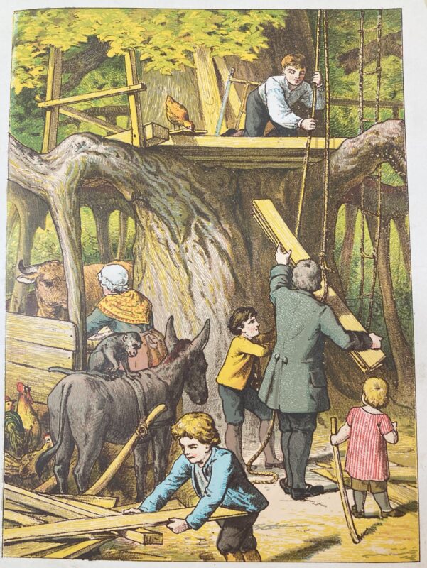 Image shows the family while they are building a treehouse while they are surrounded by some animals.