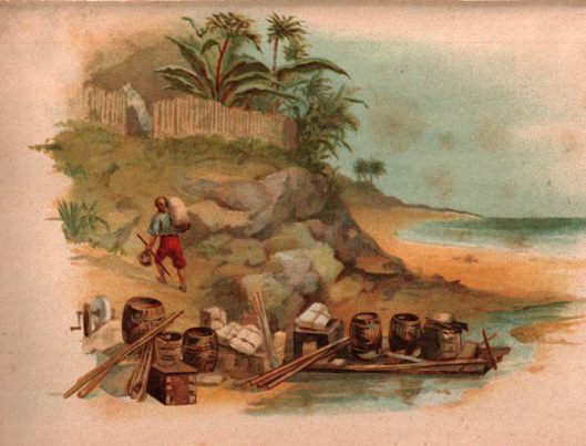 Coloured print, showing Robinson carrying supplies from a raft.