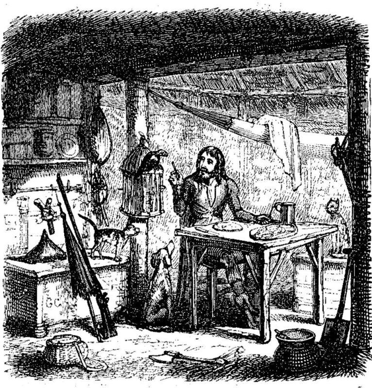 Engraving, showing Robinson in his hut, sitting next to his animals and surrounded by material possessions.